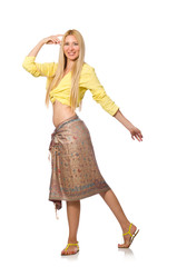 Caucasian model wearing yellow blouse with skirt isolated on whi