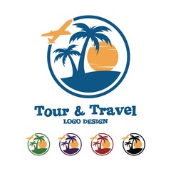 Travel And Tour Logo Design, Palm, Plane, Sun, Circle Design Logo Vector