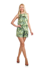 Blond hair woman wearing green short dress isolated on white