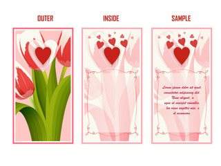 Greeting card. Heart inside. Outside and inside sides with sample of text on it.