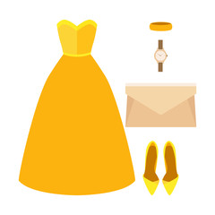 Set of trendy women's clothes with dress and accessories