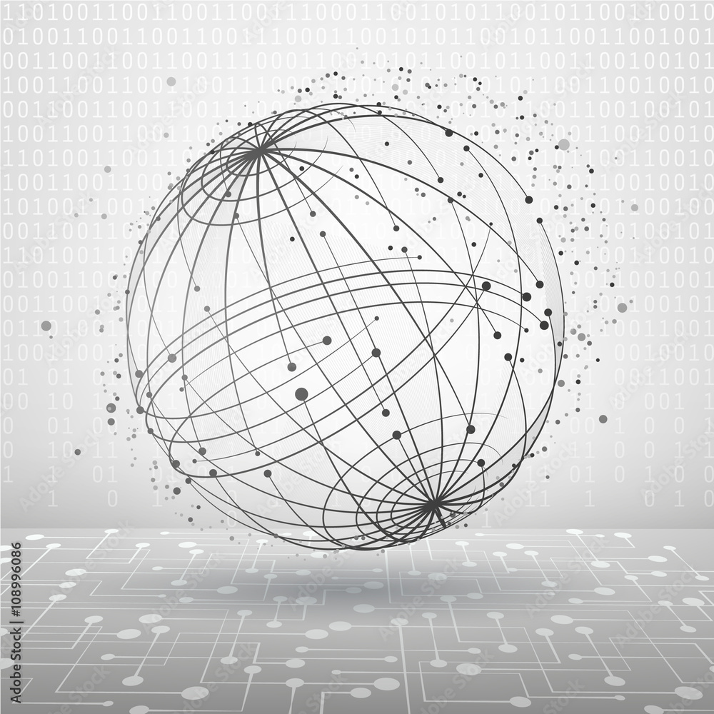Poster Wireframe mesh polygonal element. Sphere with connected lines and dots. Connection Structure. Complex geometric shapes.  Geometric Modern Technology Concept. Social Network Graphic Concept
