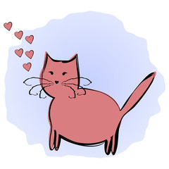 Funny pink cat and hearts, encircled by a contour brush on rough
