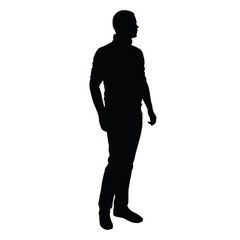 Young man in jeans and sweater stands and looks around. Vector i