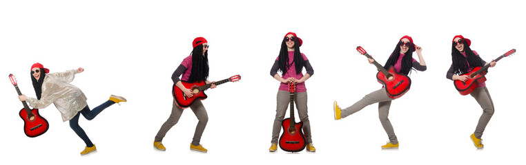 Hipste guitar player isolated on white