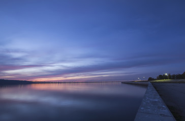 Sunset over Volga River and Presidental Bridge, located in Ulyanovsk