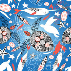 Obraz premium Wzór z żółwiami morskimi i wielorybami