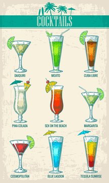 Alcohol cocktail set - margarita, sex on the beach, pina colada ...