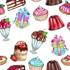 raster seamless background with variety of sweet food - pastry - cakes 