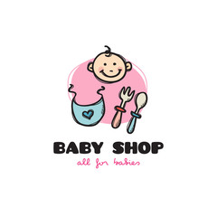 Vector funny cartoon style baby shop logo. Sketchy doodle baby accessories store logo