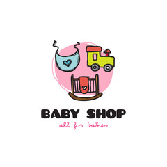 Vector funny cartoon style baby shop logo. Sketchy doodle baby accessories store logo
