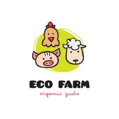 Vector funny cartoon style eco farm logo with pig, hen and sheep. Sketchy doodle farm animals logo