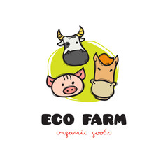 Vector funny cartoon style eco farm logo with pig, cow and horse. Sketchy doodle farm animals logo