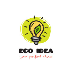 Vector funny doodle style light bulb eco logo. Sketchy eco company logo