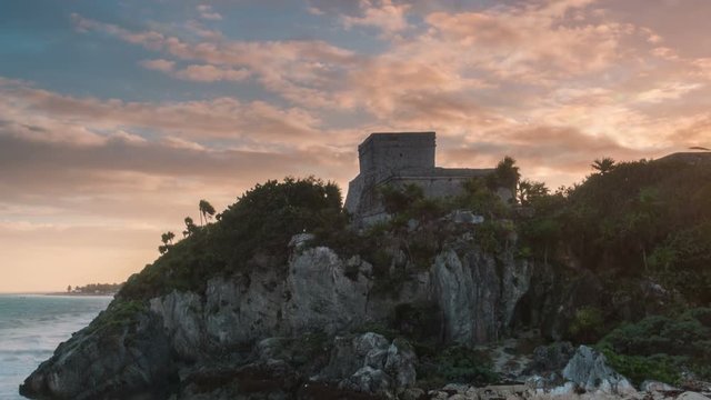 tulum maya site on the sea time lapse at sunset