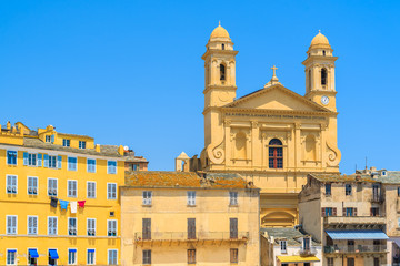 Fototapeta na wymiar A view of cathedral building in Bastia port, Corsica island, France