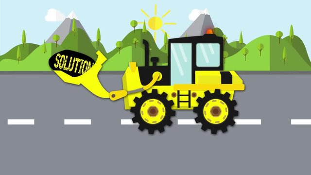cartoon flat bulldozer with stone of solution 4k animation