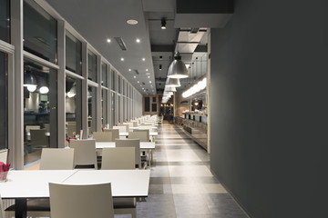 Interior of a restaurant in the evening