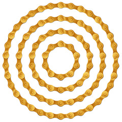 Fototapeta premium Set of round frames made of golden metal bicycle chain, isolated on white, vector illustration