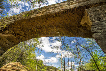 Natural Bridge In Kentucky.  Visitors to Natural Bridge State Park can ride a skylift to view and walk across the sandstone arch. 