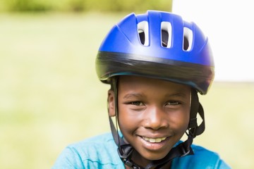 Young boy wearing his helmet