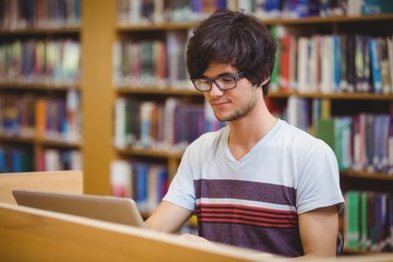 Young student using his laptop in library