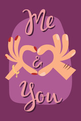 Woman hands making a heart shape sign cartoon flat romantic card vector illustration.