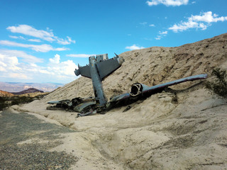 Remote old plane crash in Nevada desert - landscape color photo