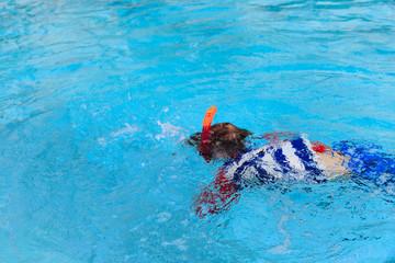 Little boy learns swimming alone in the pool