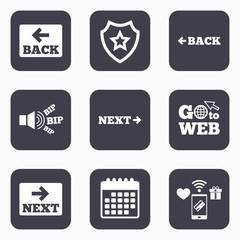 Back and next navigation signs. Arrow icons.