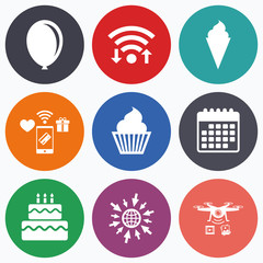 Birthday party icons. Cake with ice cream symbol