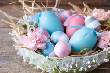 Basket with colorful easter eggs