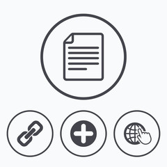 Plus circle and hyperlink signs. File, globe.