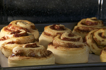 Hot Cinnamon rolls baking in a convection oven, almost done tops