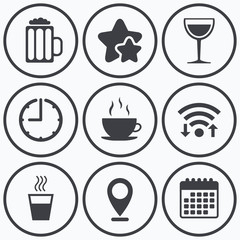 Drinks signs. Coffee cup, glass of beer icons.