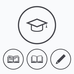 Pencil and open book signs. Graduation cap icon.