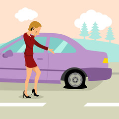 Simple cartoon of a woman with flat tire