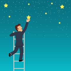 Simple cartoon of a businessman reach out for the stars