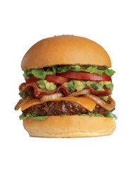 Hamburger with Guacamole,tomatoes,lettuce grilled onions,cheese,bacon.