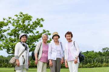 緑の芝生の上に立っている高齢者女性