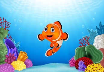 Fototapeta na wymiar Cartoon Clown Fish with beautiful underwater world