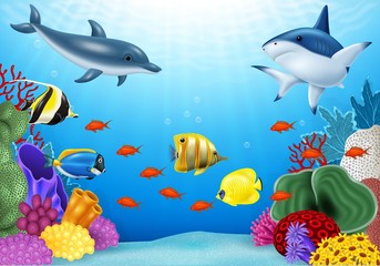 Naklejka premium Beautiful underwater world with corals and tropical fish.