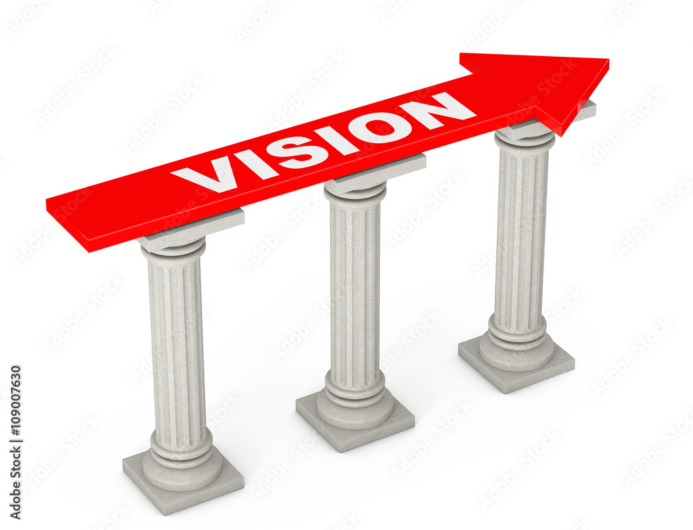Aufkleber Red Progress Arrow with Vision Sign over Classic Columns. 3d Ren