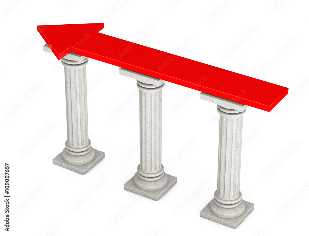 Poster Red Progress Arrow over Classic Columns. 3d Rendering