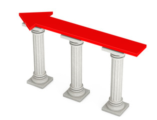 Red Progress Arrow over Classic Columns. 3d Rendering