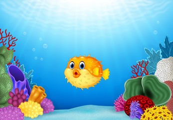Cartoon puffer fish with Coral Reef Underwater in Ocean © tigatelu
