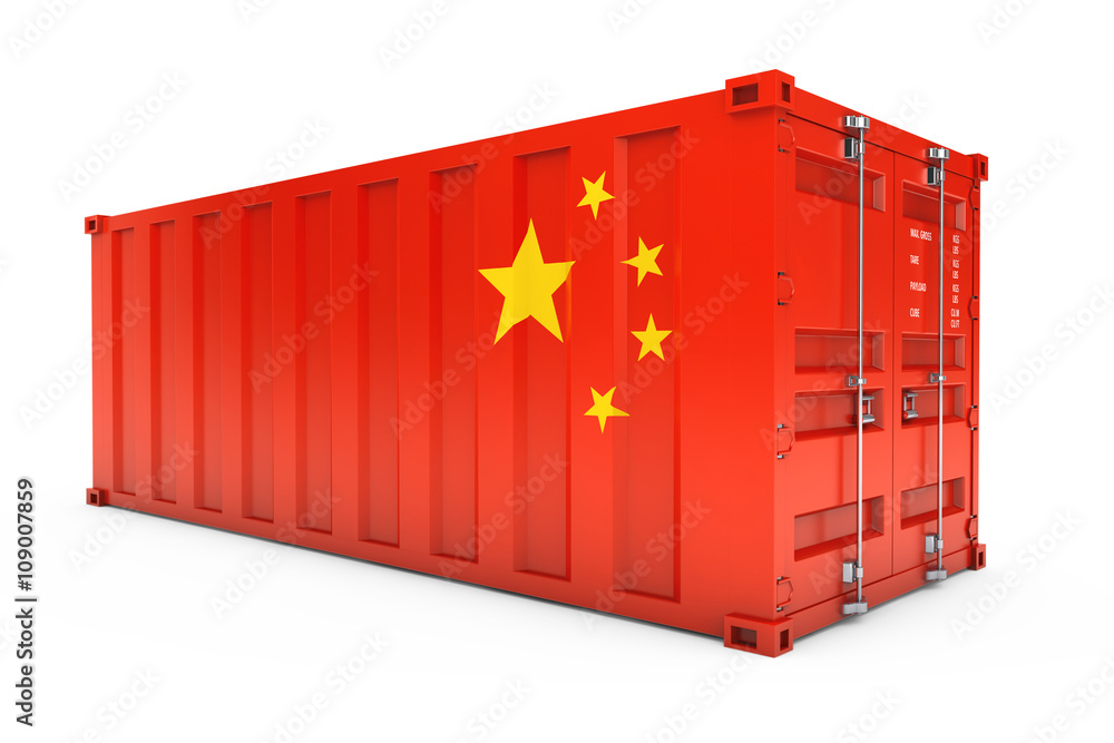 Poster china export concept. shipping container with china flag. 3d ren