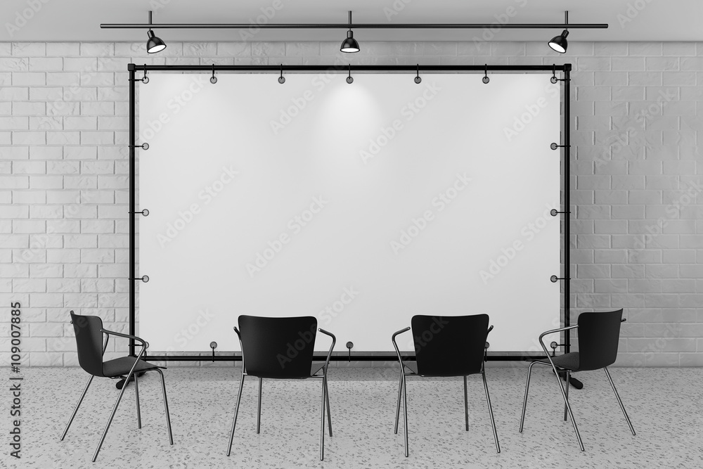 Aufkleber chairs against blank flag banner with lights. 3d rendering