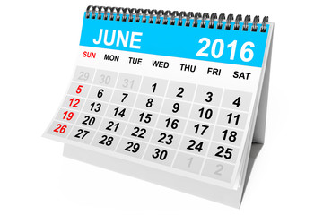 Calendar June 2016. 3d Rendering