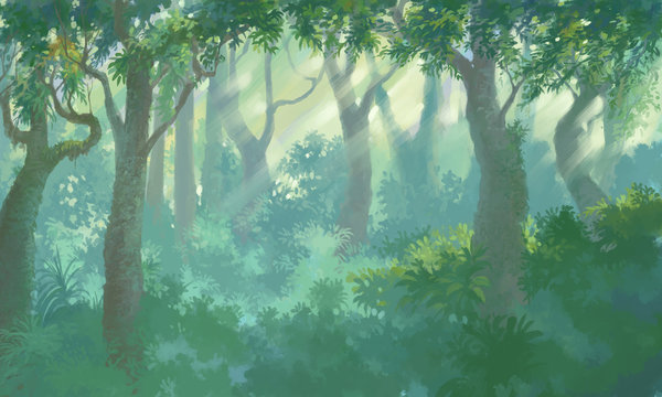inside forest background painting illustration